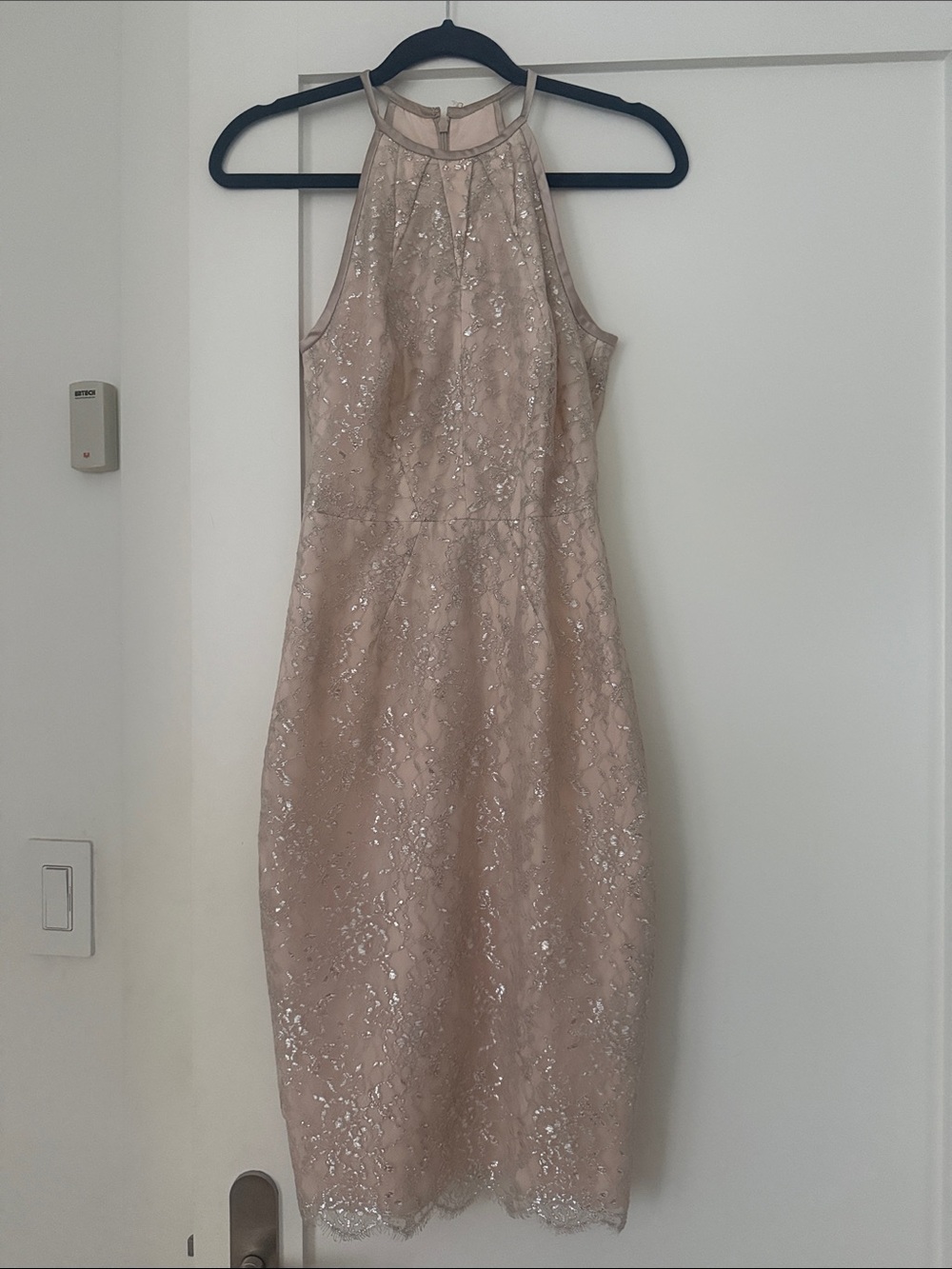 Karen Millen Halter Lace Midi Dress in Blush Pink with Silver Accents